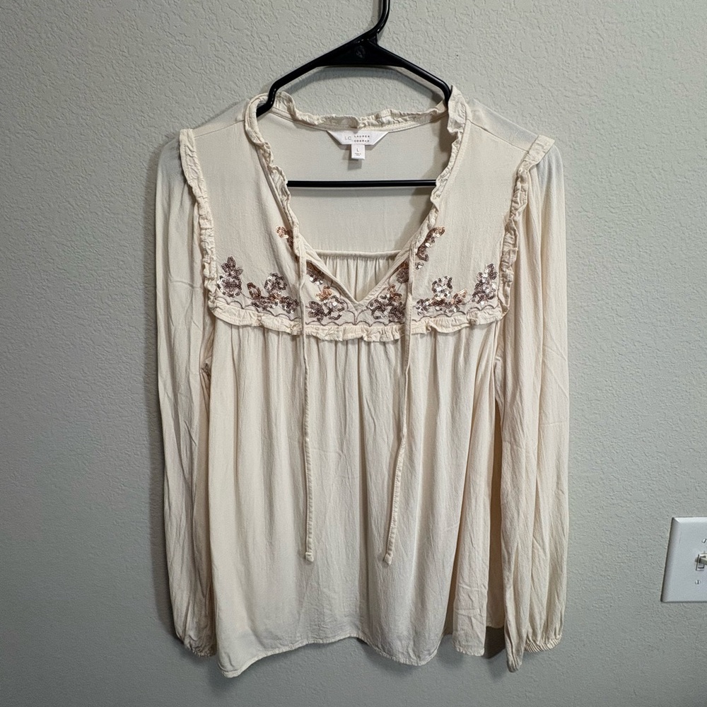 LC Lauren Conrad Cream Blouse with Floral Embroidery